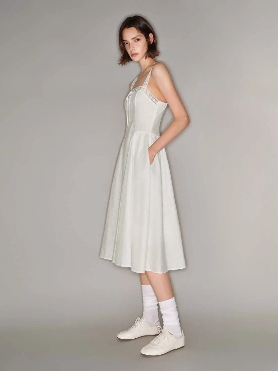 Lace Trim Square Neck Strap A-Line Midi Slip Dress