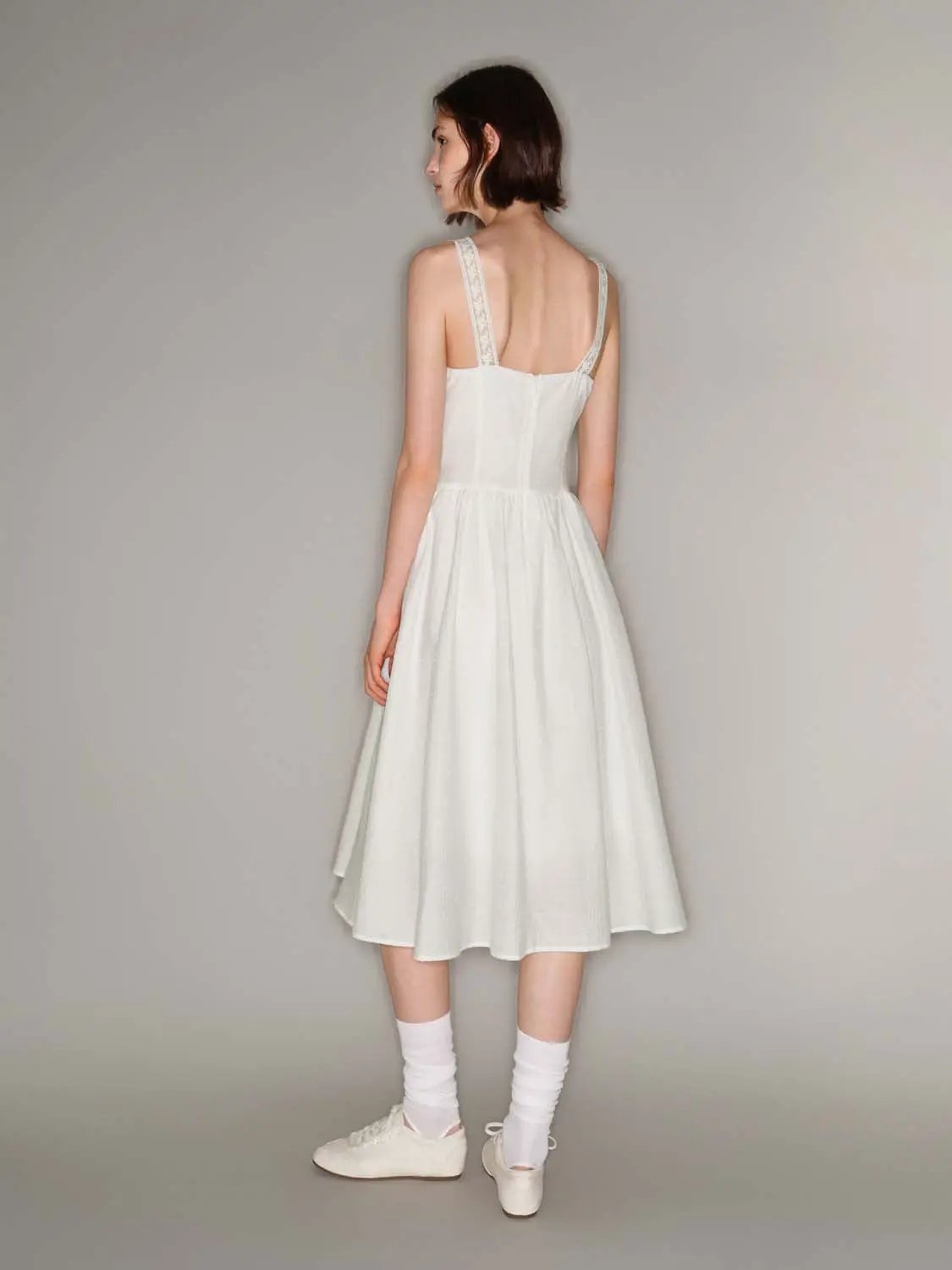 Lace Trim Square Neck Strap A-Line Midi Slip Dress