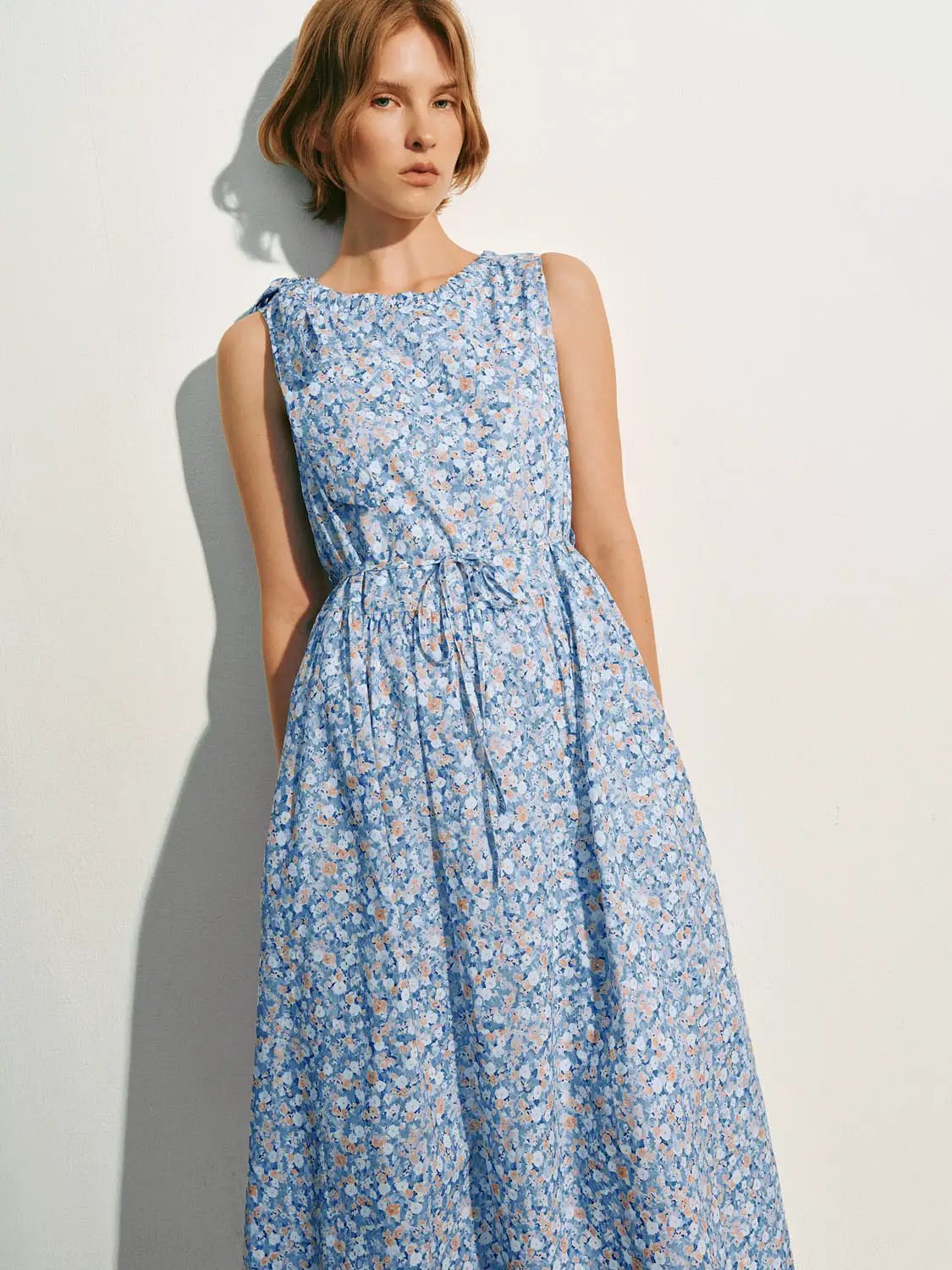 Delicate A-line Floral Midi Cotton Dress