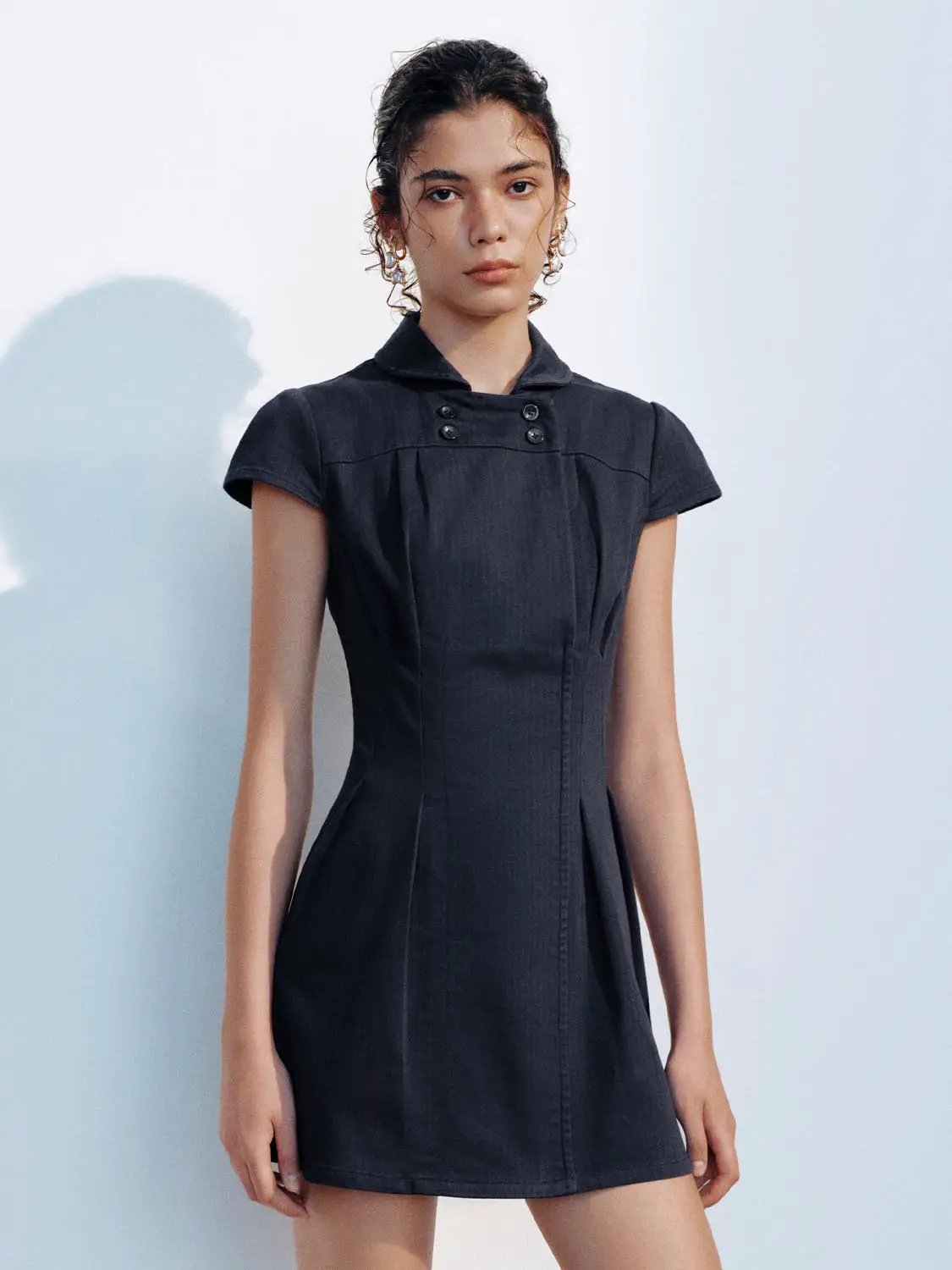 A-Line Button Detail Shirt Collar Short Sleeve Cotton Dress