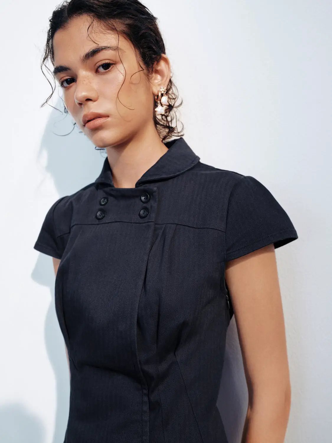 A-Line Button Detail Shirt Collar Short Sleeve Cotton Dress