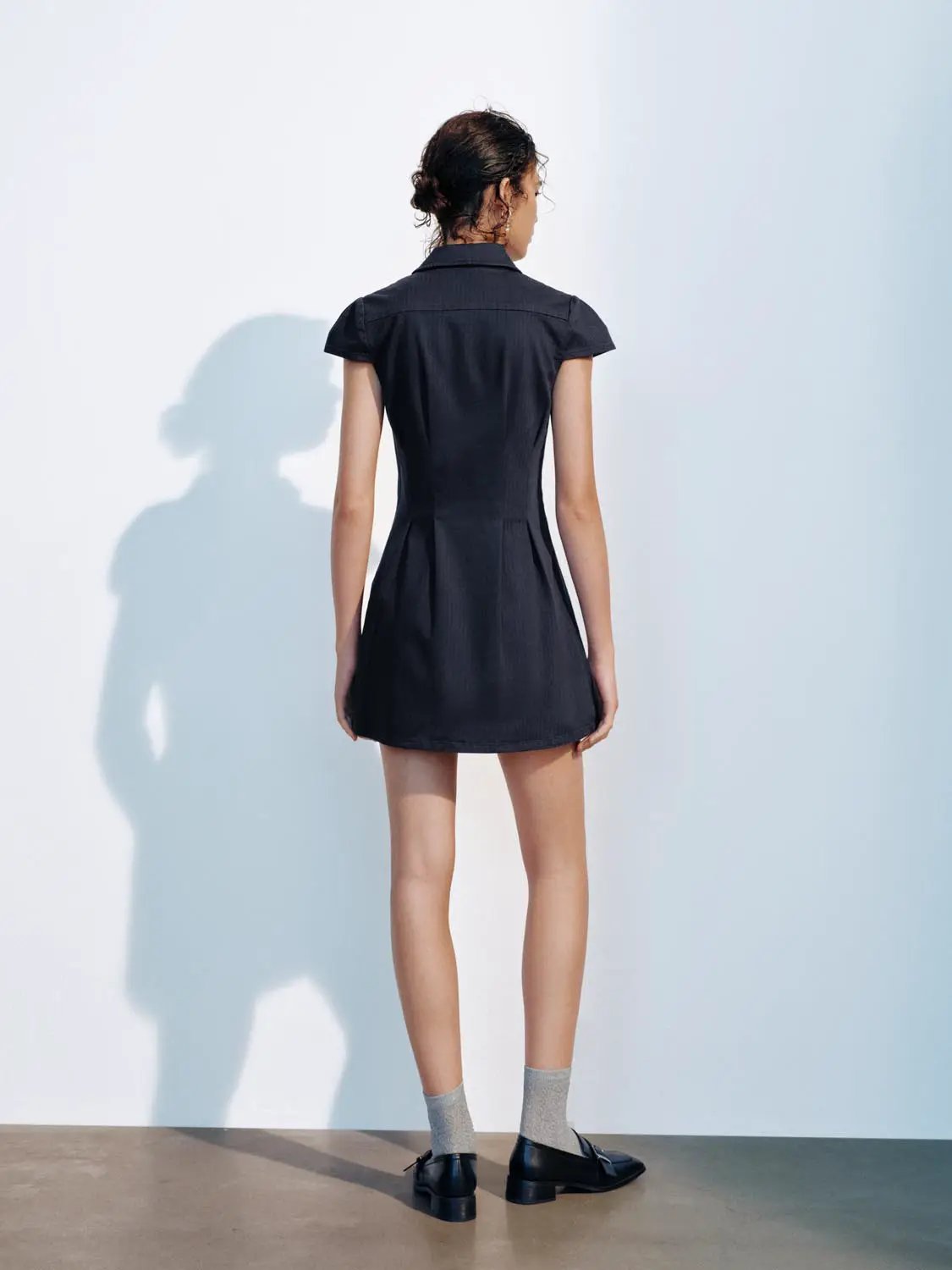 A-Line Button Detail Shirt Collar Short Sleeve Cotton Dress