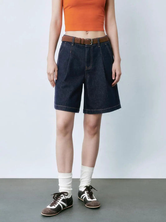 Textured Non-Stretch Pocketbag Detail Cotton Denim Shorts