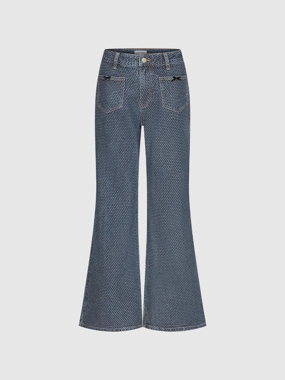 Textured Patch Pockets Cotton Wide-leg Jeans
