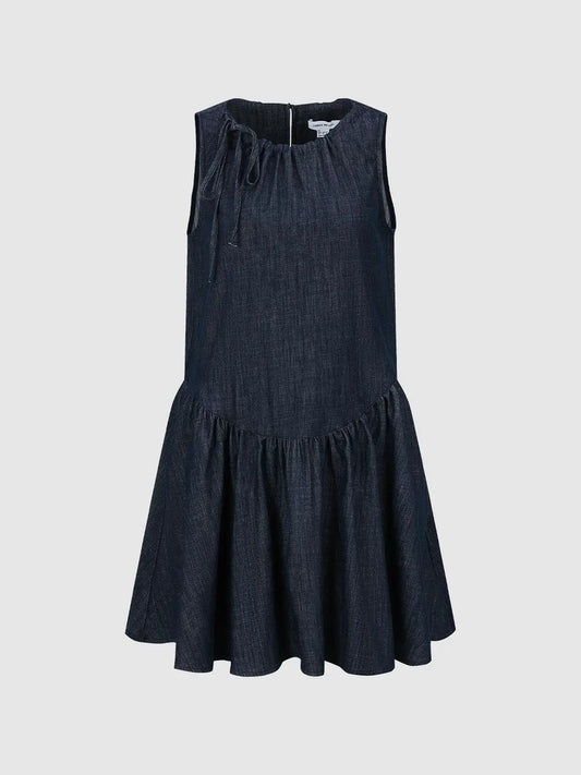 Denim Drawstring Shoulder Cotton Midi Dress