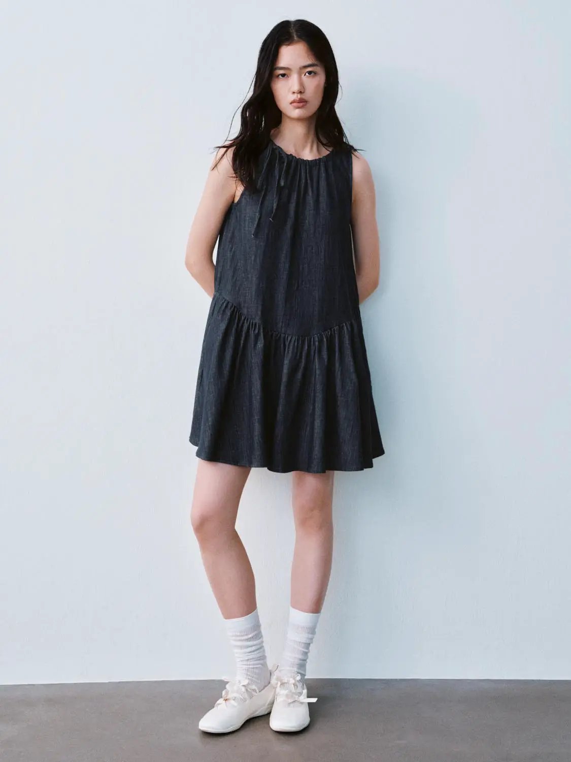 Denim Drawstring Shoulder Cotton Midi Dress