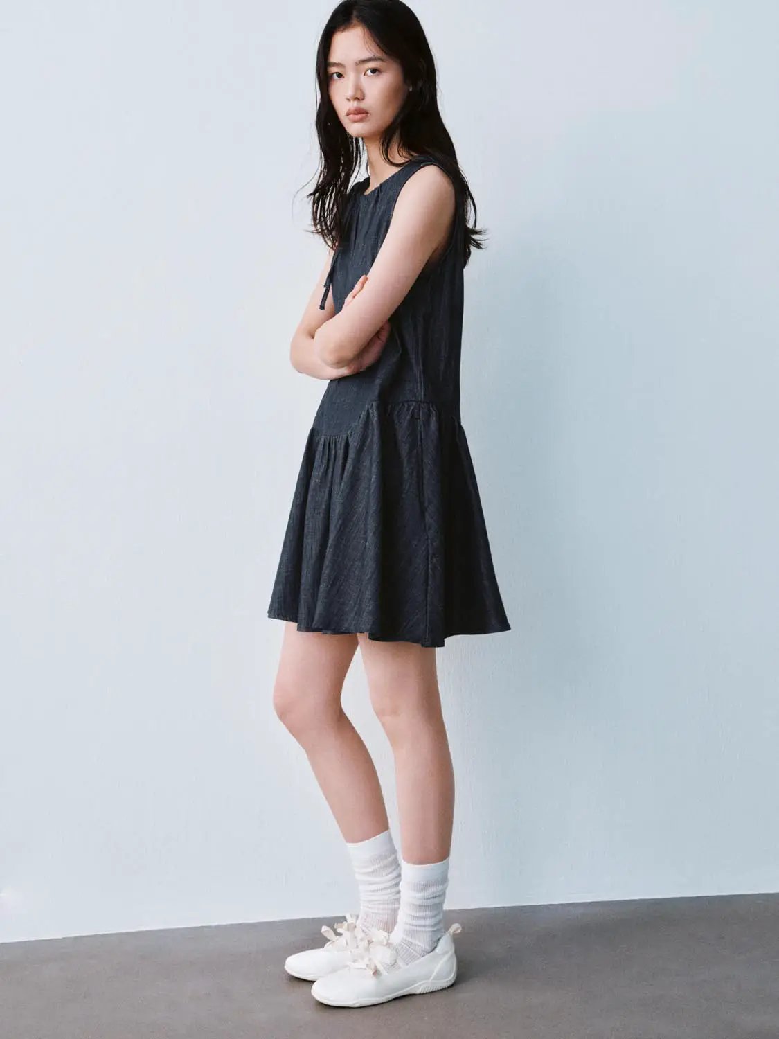 Denim Drawstring Shoulder Cotton Midi Dress