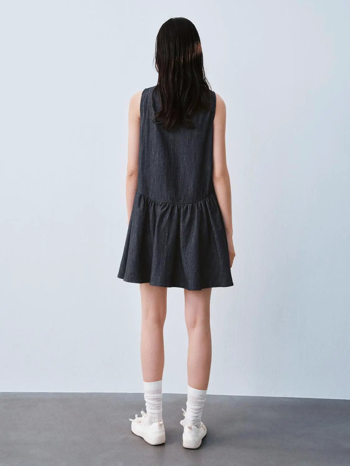 Denim Drawstring Shoulder Cotton Midi Dress