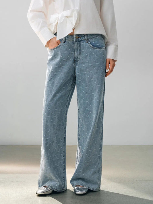 Patterned Wide-leg Cotton Jeans