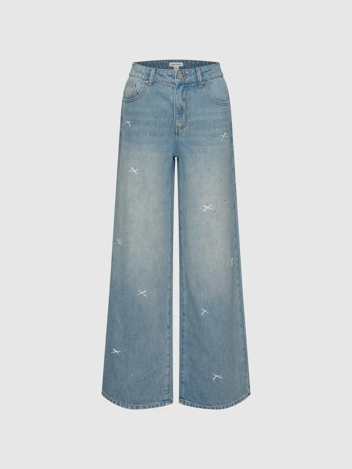 Scattered Cross Embroidered Wide-leg Cotton Jeans