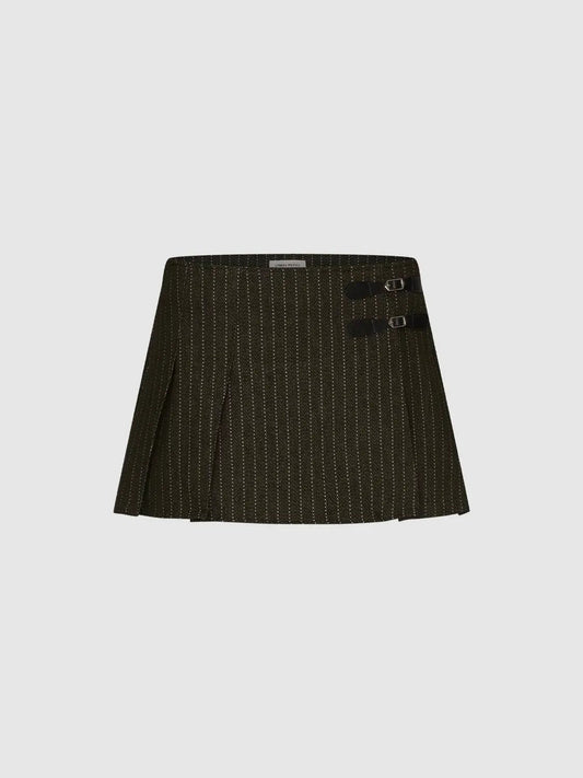 Striped Pleated Buckle Cotton Blend Skirt