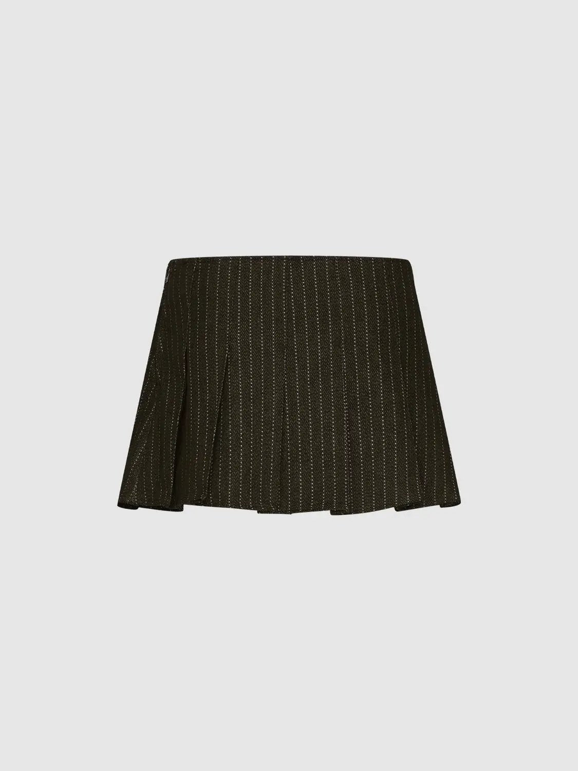 Striped Pleated Buckle Cotton Blend Skirt