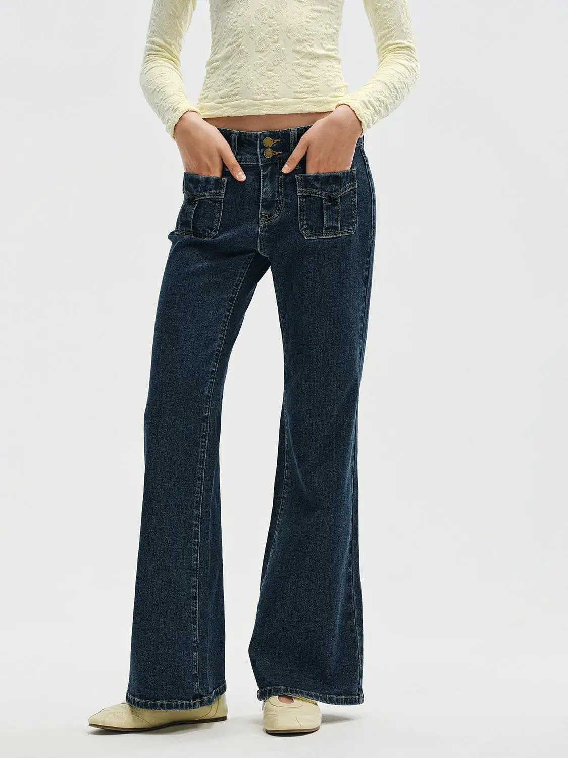 Double Button Dark Wash Mid-rise Flared Cotton Jeans