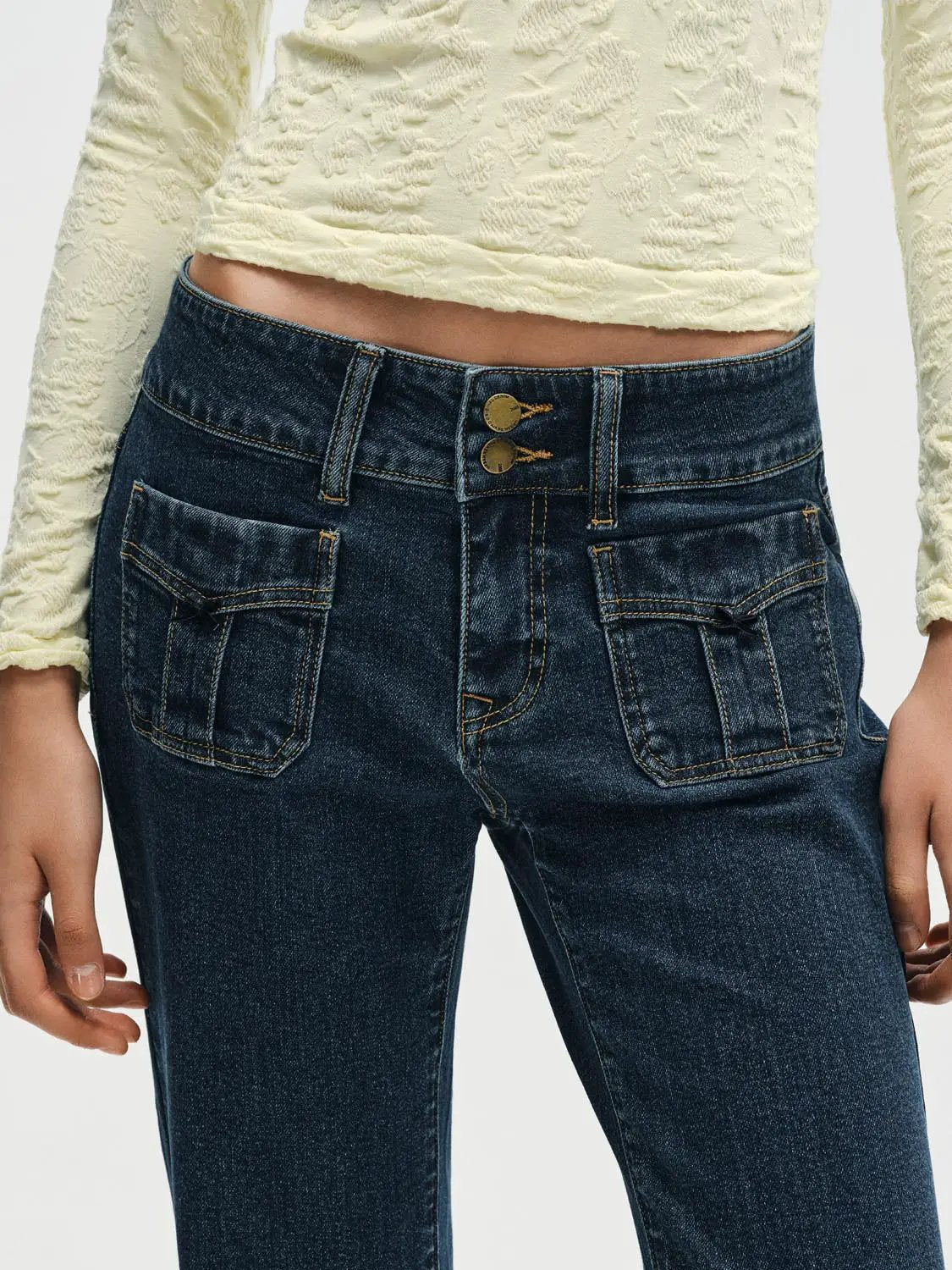 Double Button Dark Wash Mid-rise Flared Cotton Jeans