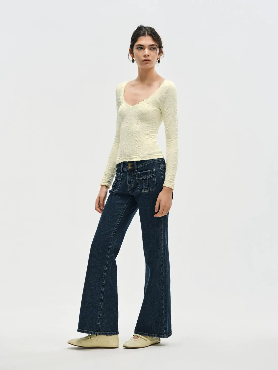 Double Button Dark Wash Mid-rise Flared Cotton Jeans