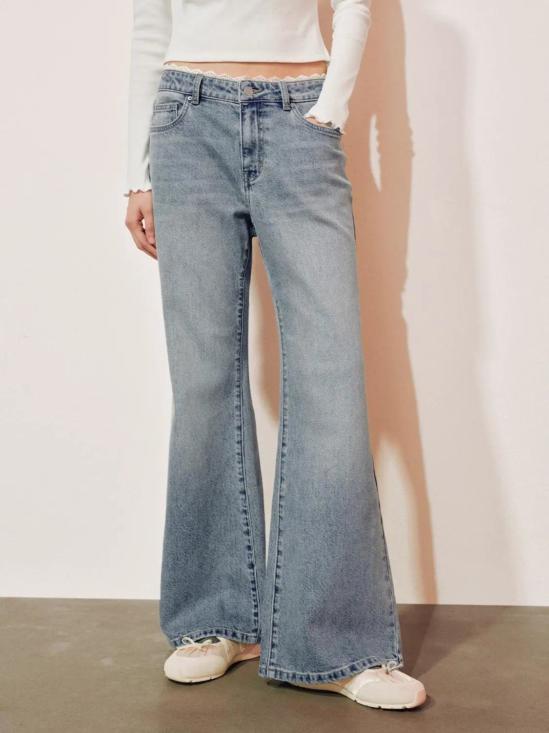 Lace Trim Mid-rise Cotton Blend Flare Jeans