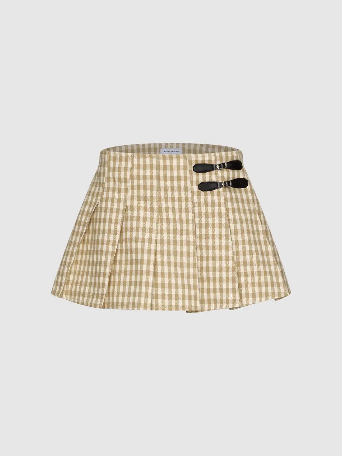 Checked Pleated Buckle Mid-rise Mini Cotton Skirt