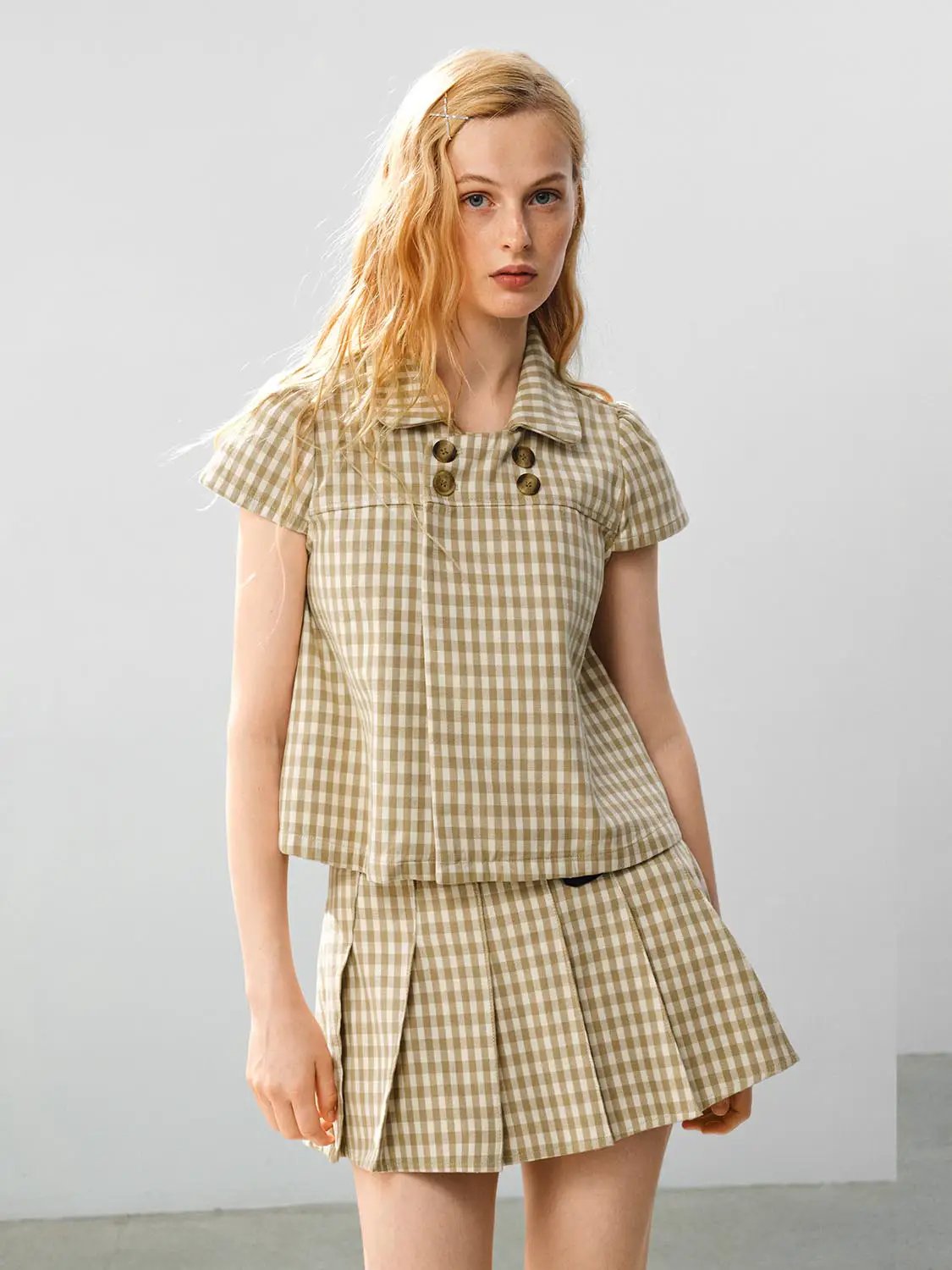 Checked Cotton Double Button Collar Short Sleeve Shirt