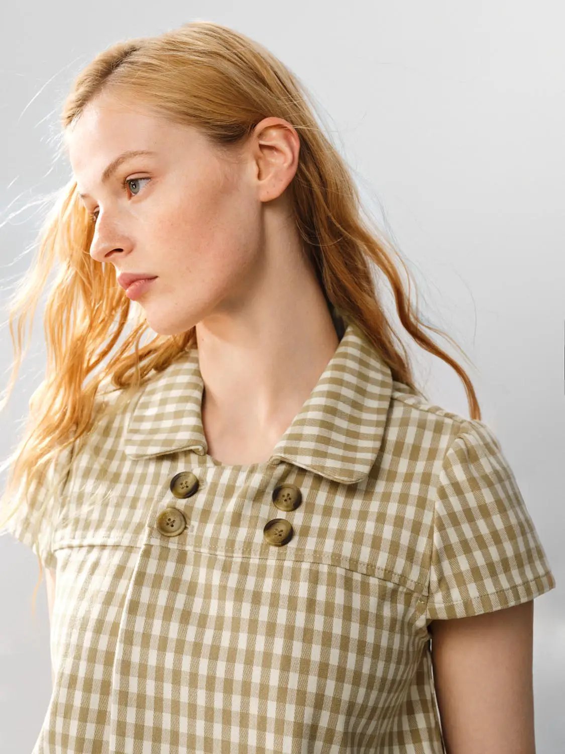 Checked Cotton Double Button Collar Short Sleeve Shirt