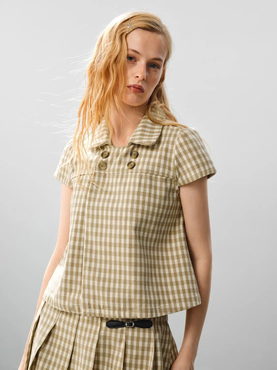 Checked Cotton Double Button Collar Short Sleeve Shirt