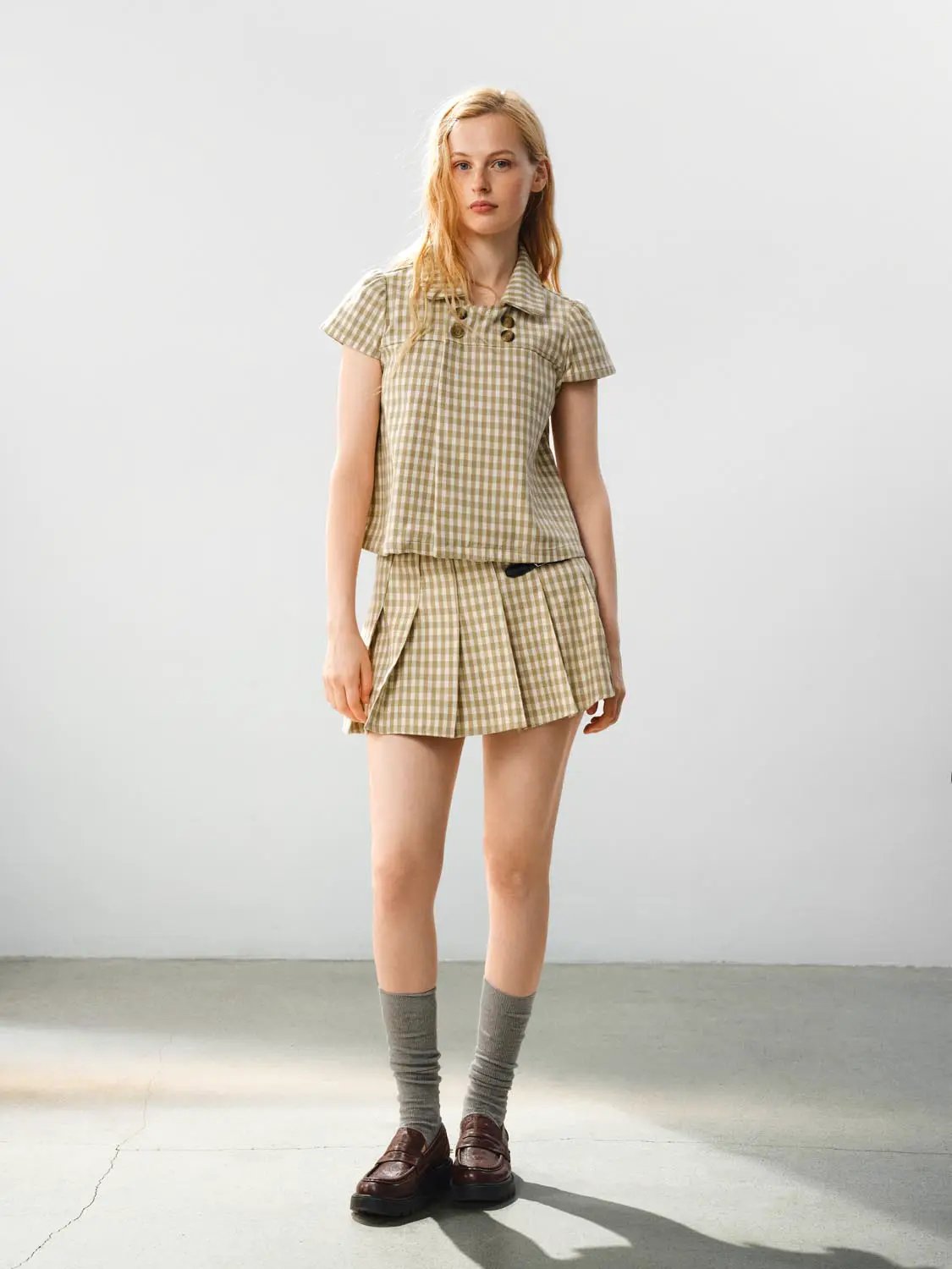 Checked Cotton Double Button Collar Short Sleeve Shirt