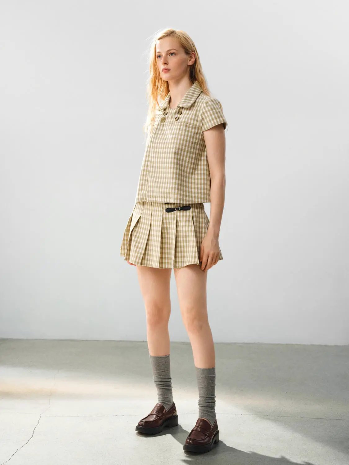 Checked Cotton Double Button Collar Short Sleeve Shirt
