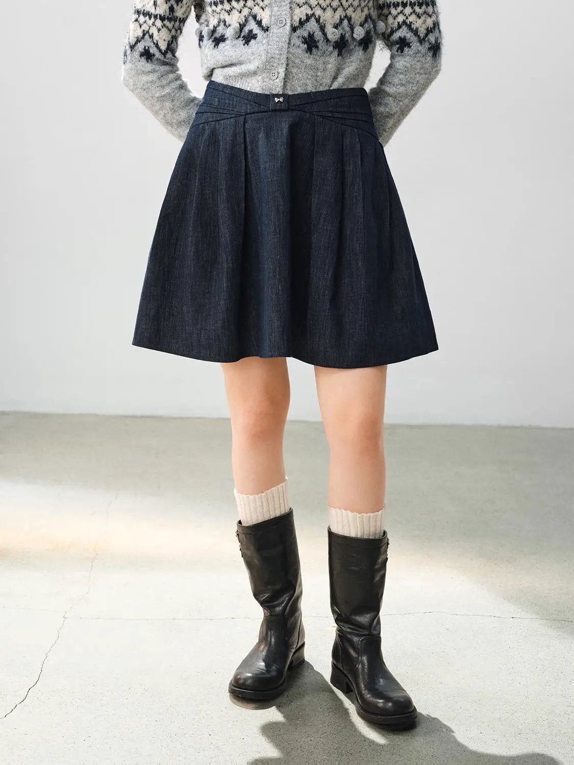 Pleated High-waisted Wrap Cotton Blend Denim Midi Skirt