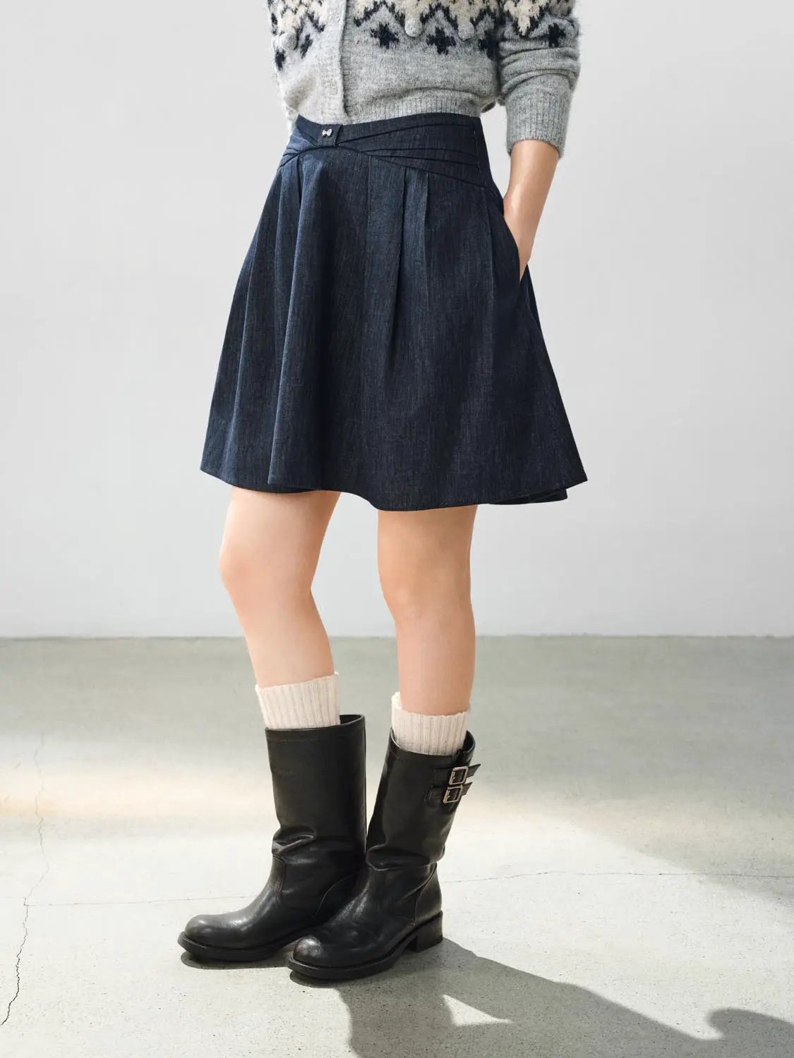 Pleated High-waisted Wrap Cotton Blend Denim Midi Skirt