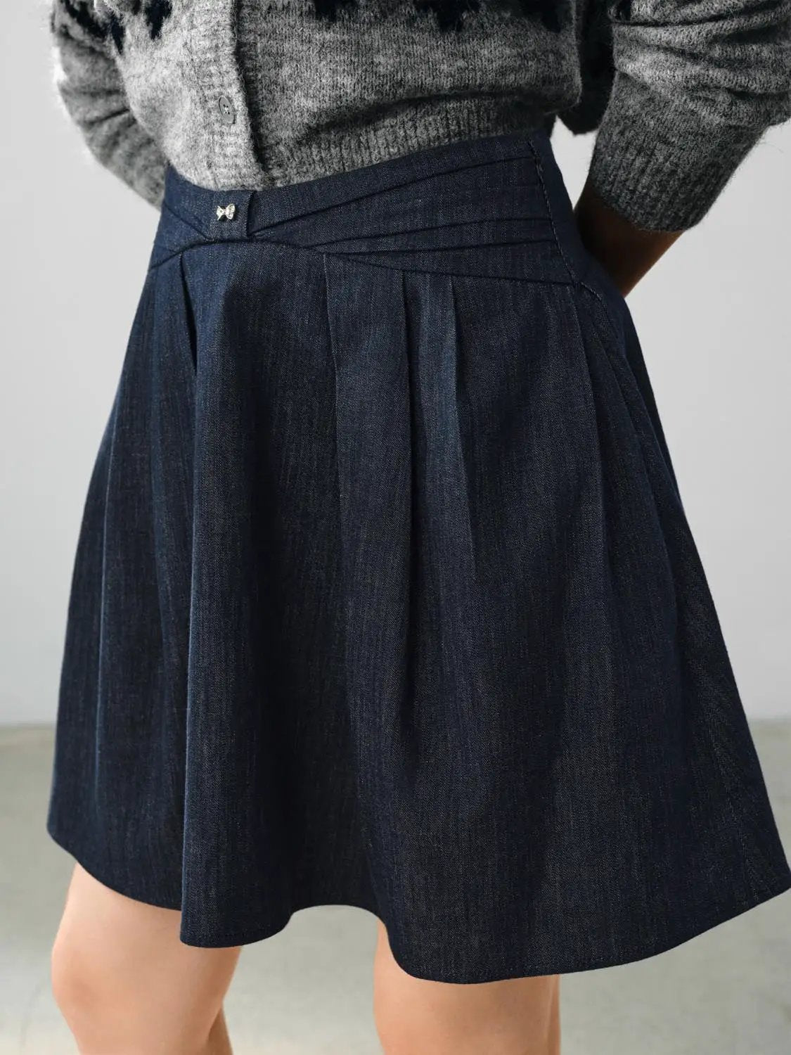Pleated High-waisted Wrap Cotton Blend Denim Midi Skirt