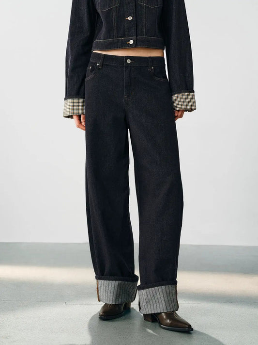 Wash Cuffed Wide-leg High-waisted Cotton Jeans