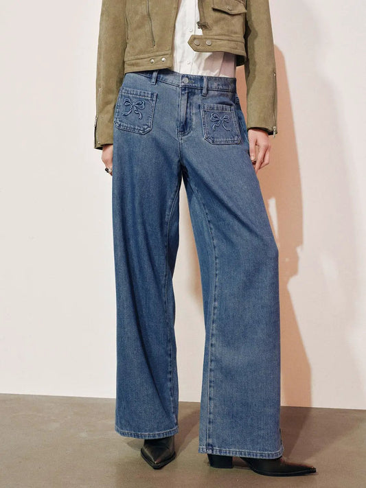 Embroidered Bow Wide-leg Cotton Blend Jeans