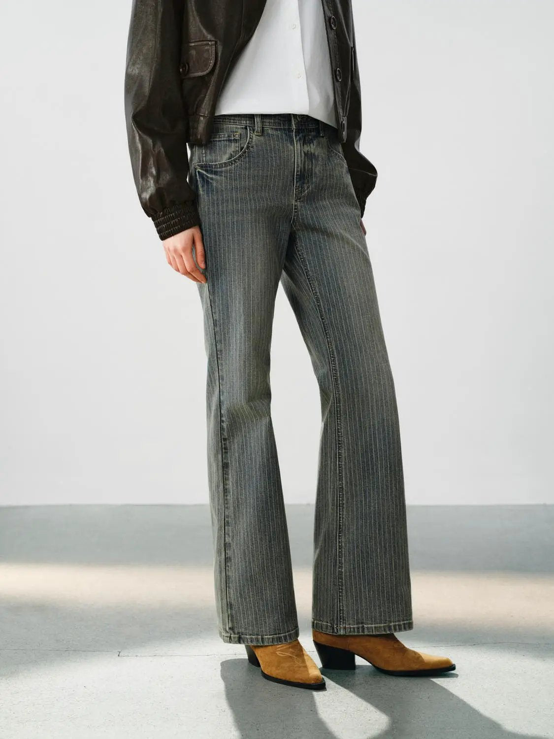 Striped Wide-leg Cotton Blend Jeans