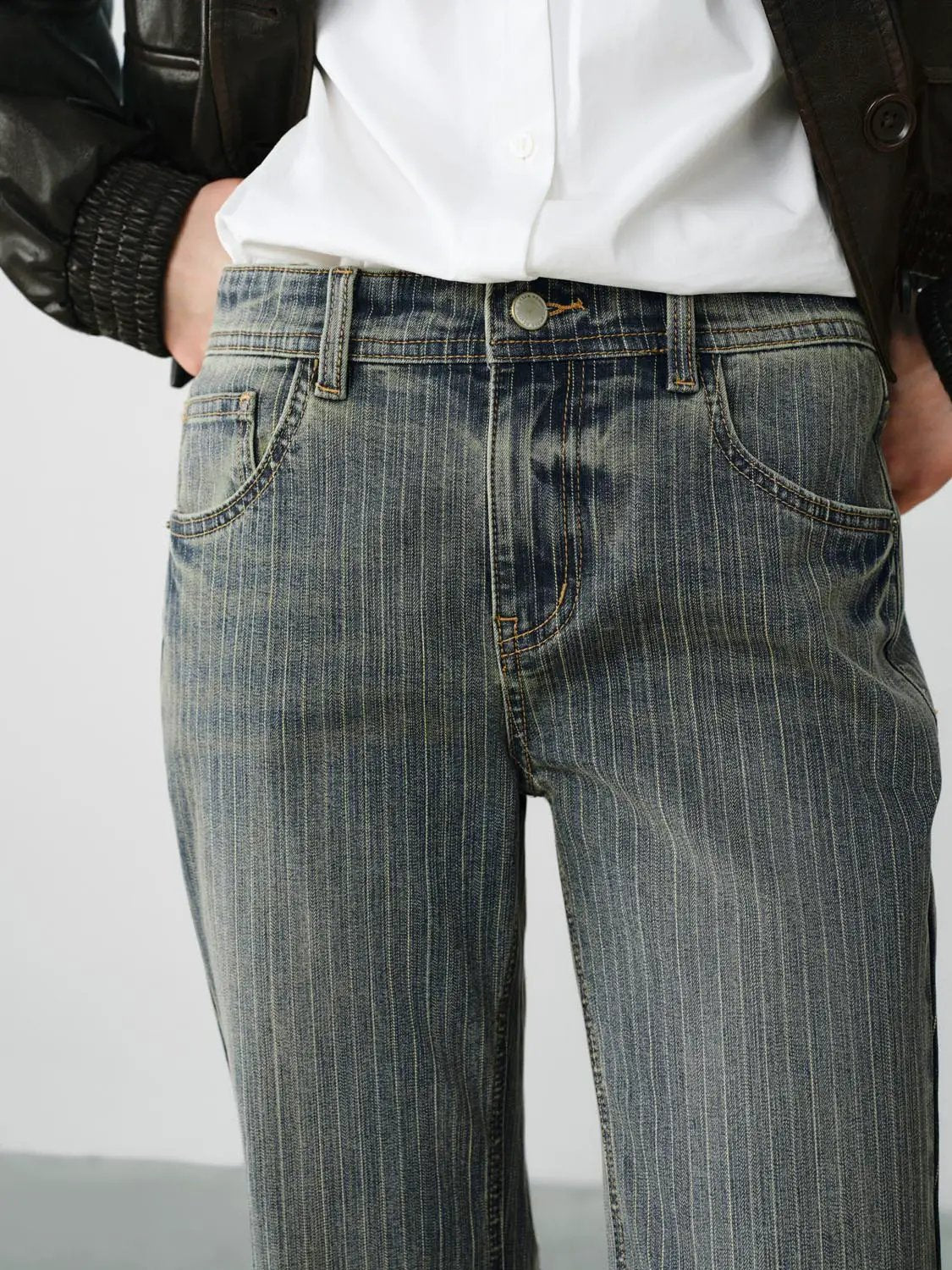 Striped Wide-leg Cotton Blend Jeans