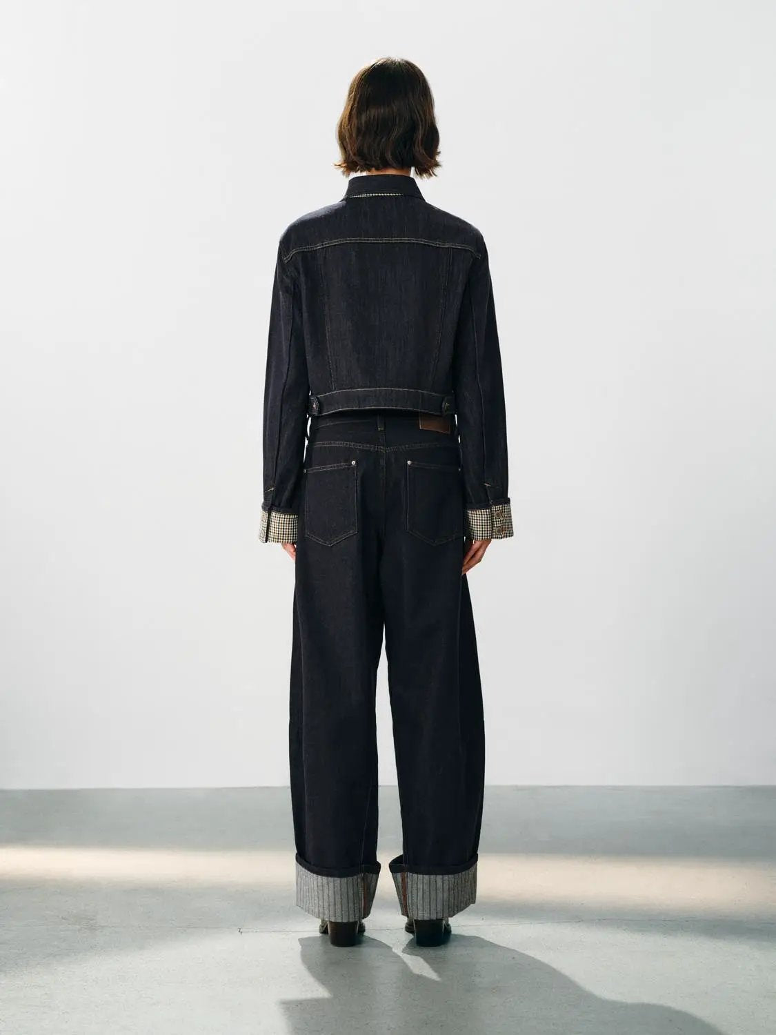 Checked Trim Long Sleeve Cropped Cotton Blend Denim Jacket