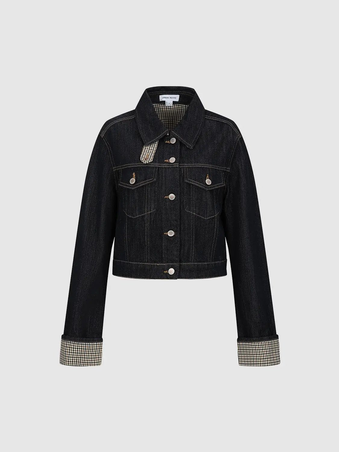 Checked Trim Long Sleeve Cropped Cotton Blend Denim Jacket