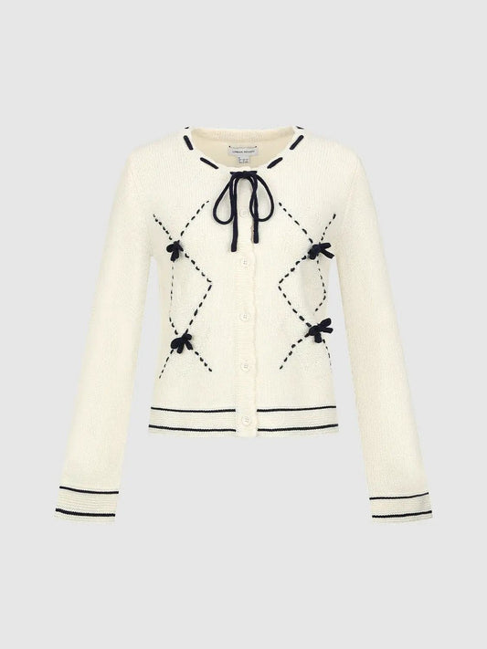 Argyle Bow Embellished Trim Long Sleeve Knit Cardigan