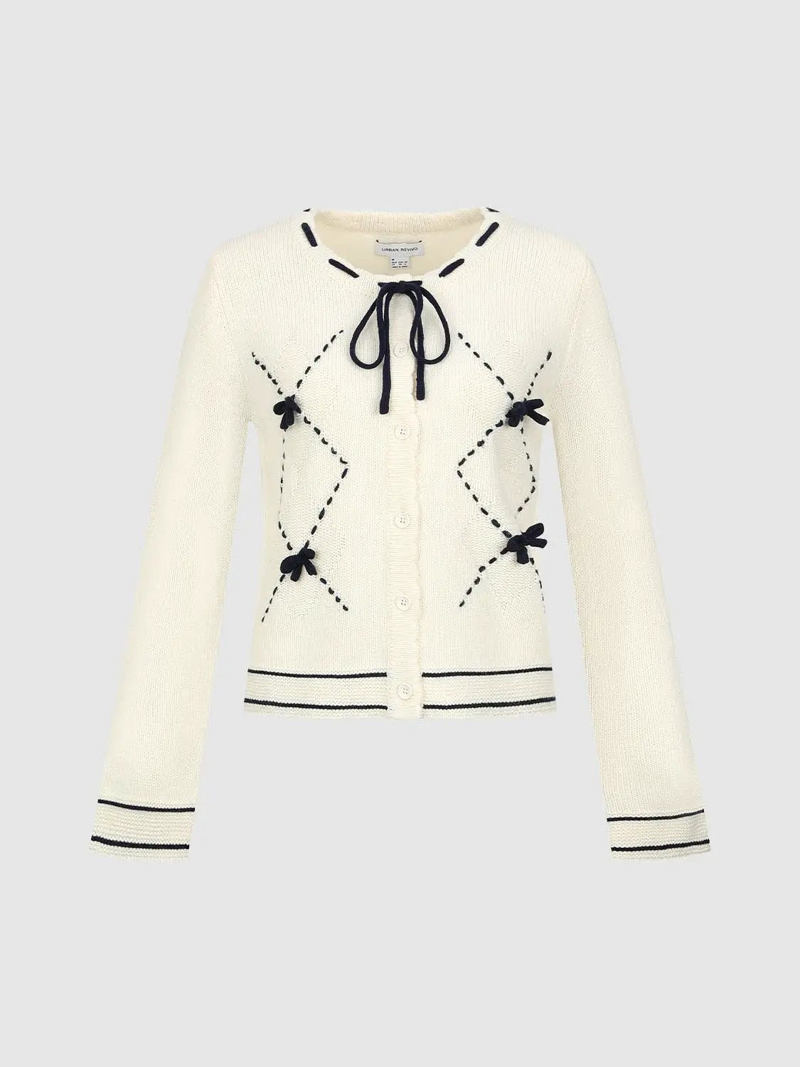 Argyle Bow Embellished Trim Long Sleeve Knit Cardigan