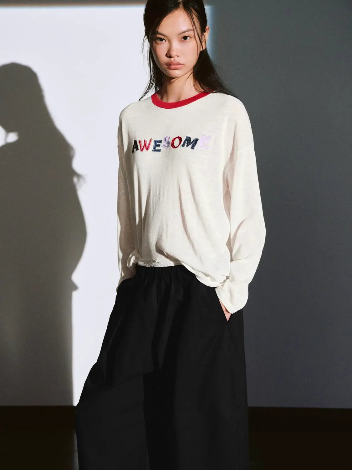 Oversized Printed Text Crew Neck Long Sleeve Knit T-shirt