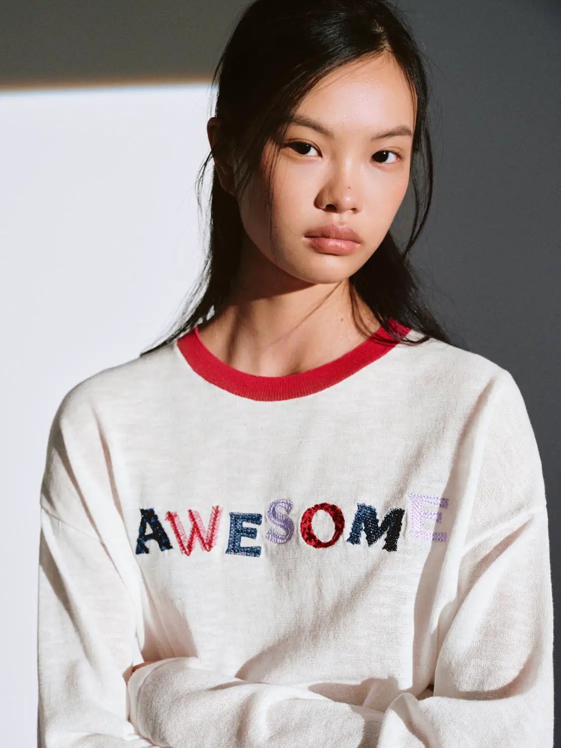 Oversized Printed Text Crew Neck Long Sleeve Knit T-shirt