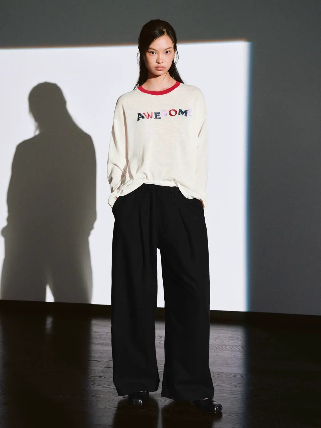 Oversized Printed Text Crew Neck Long Sleeve Knit T-shirt
