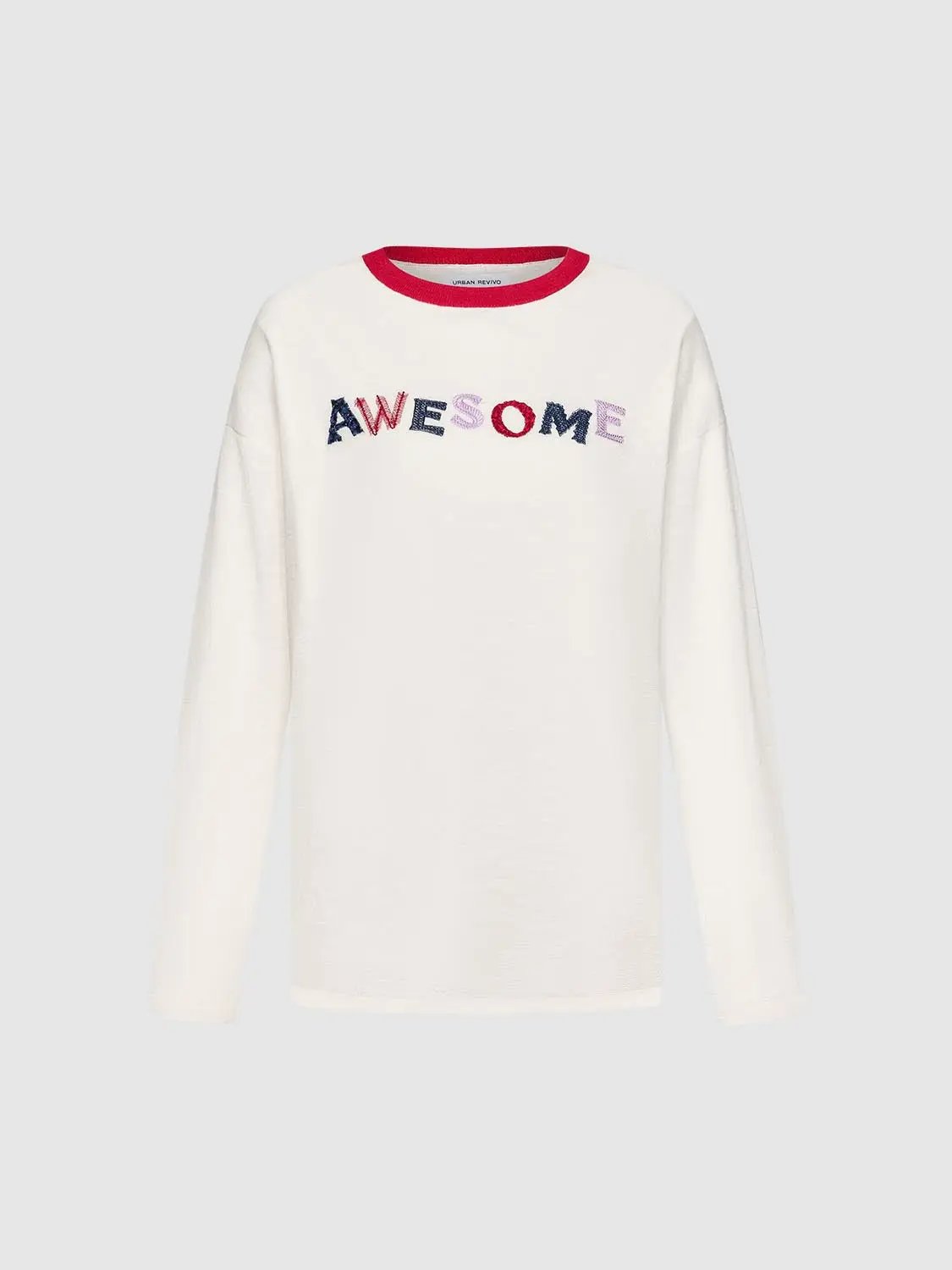 Oversized Printed Text Crew Neck Long Sleeve Knit T-shirt