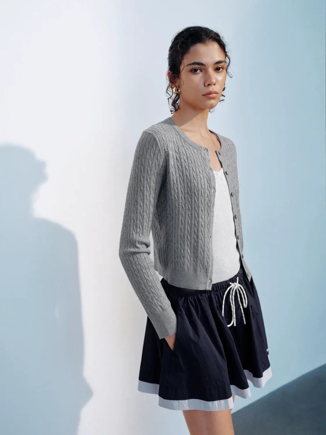 Ribbed Crew Neck Embroidered Bow Button Front Cardigan