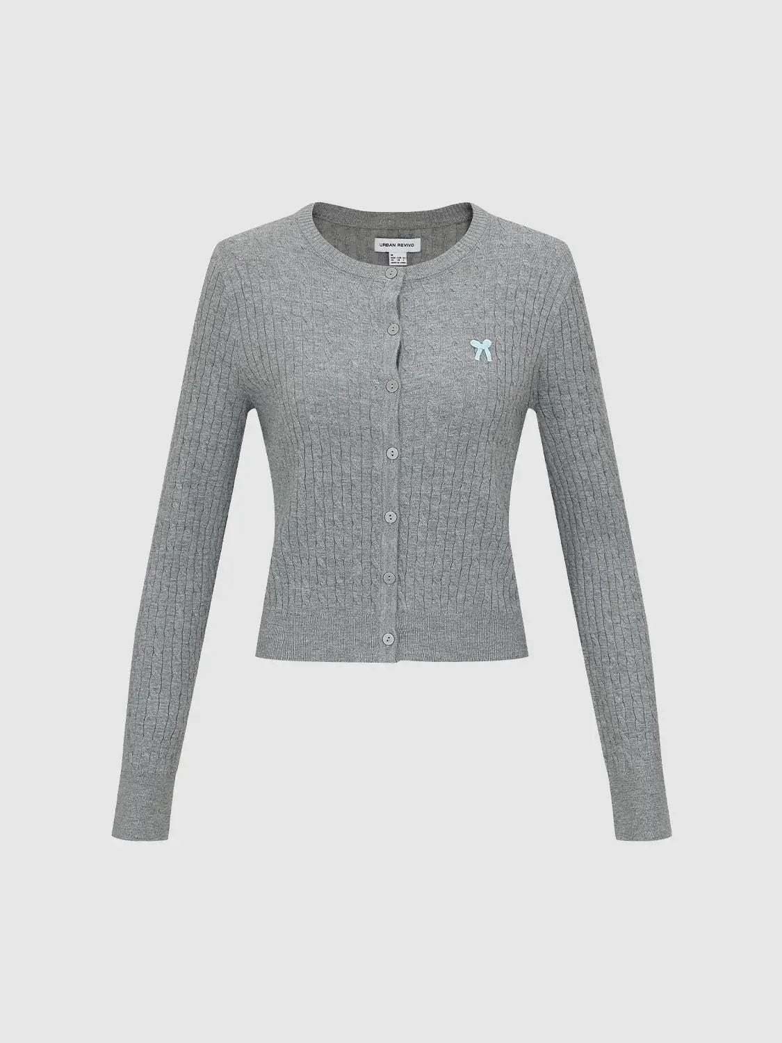 Ribbed Crew Neck Embroidered Bow Button Front Cardigan