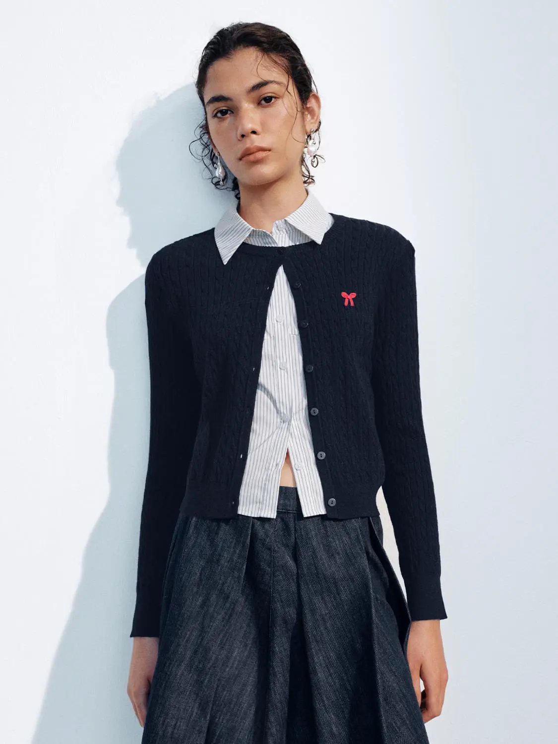 Ribbed Crew Neck Embroidered Bow Button Front Cardigan