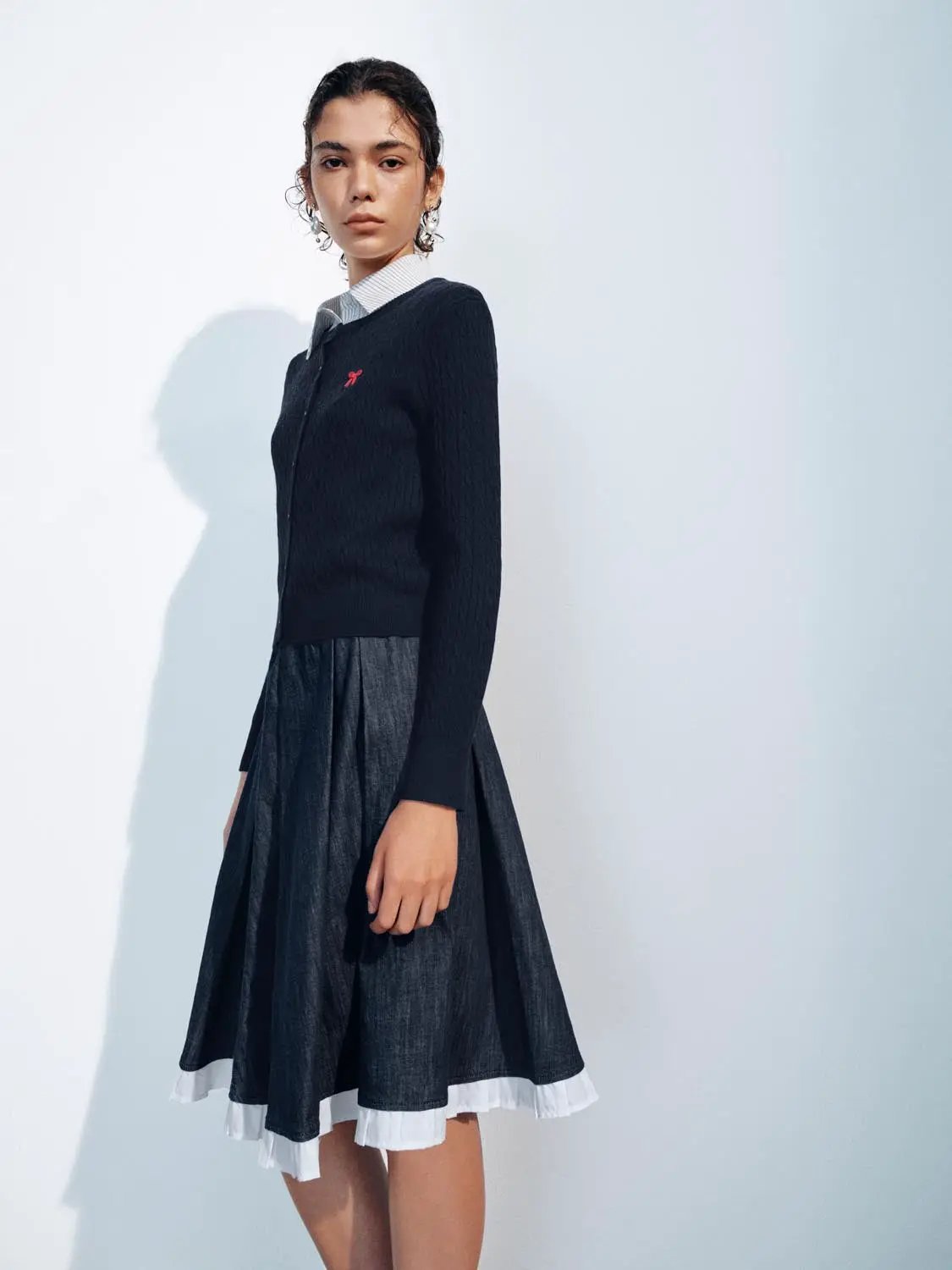 Ribbed Crew Neck Embroidered Bow Button Front Cardigan