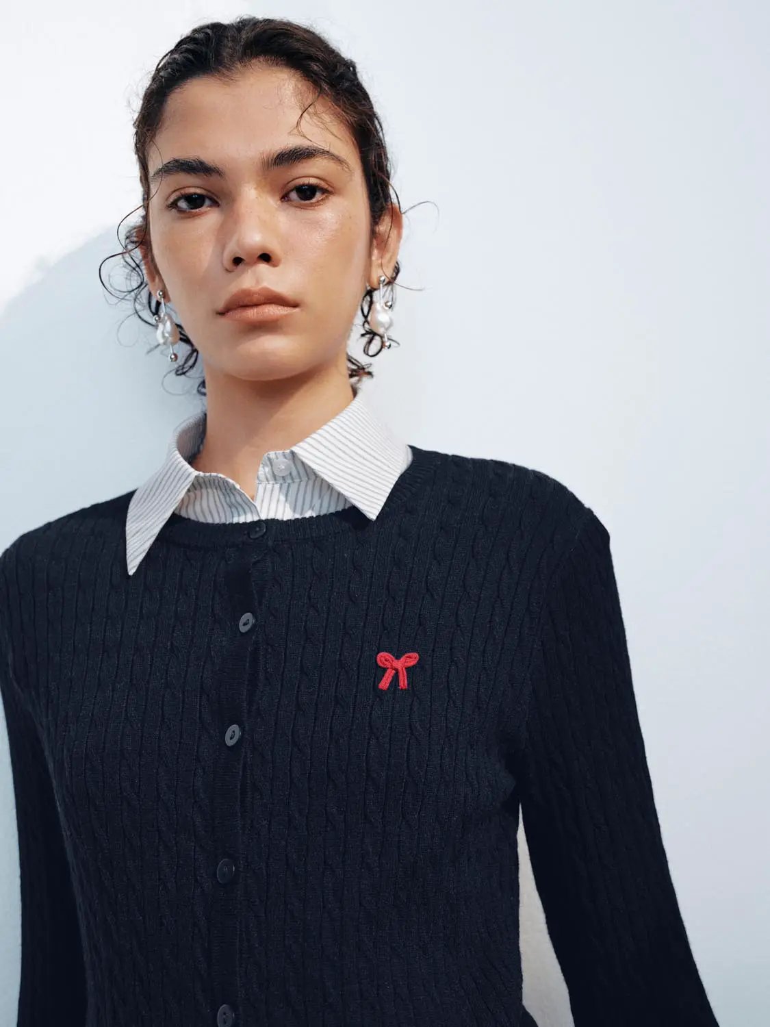 Ribbed Crew Neck Embroidered Bow Button Front Cardigan