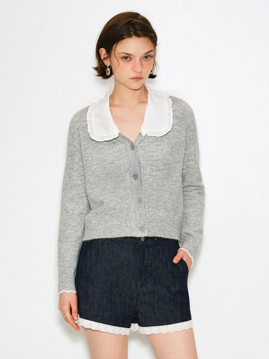 Ribbed Cotton Ruffle Collar Long Sleeve Cardigan