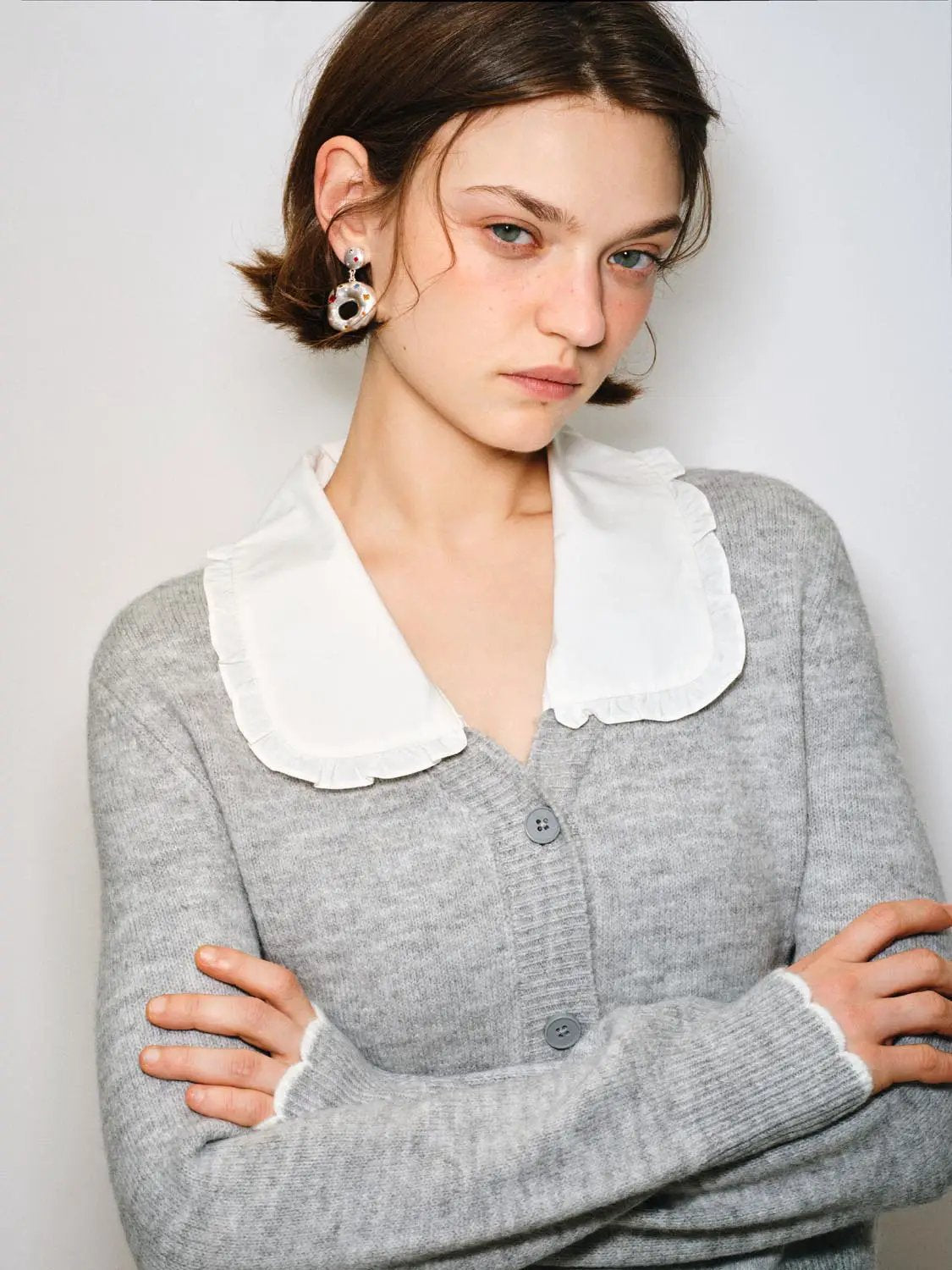 Ribbed Cotton Ruffle Collar Long Sleeve Cardigan
