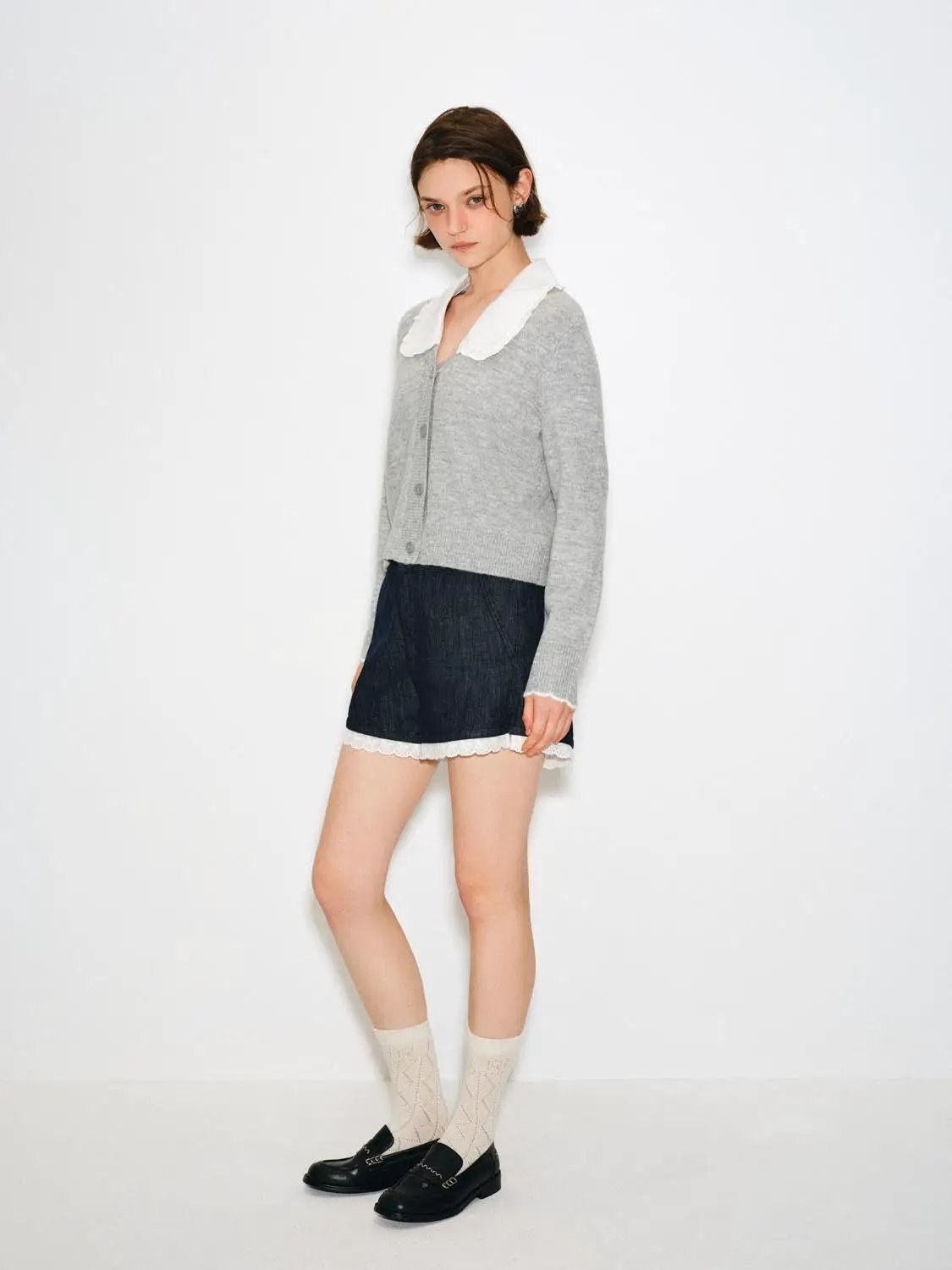 Ribbed Cotton Ruffle Collar Long Sleeve Cardigan