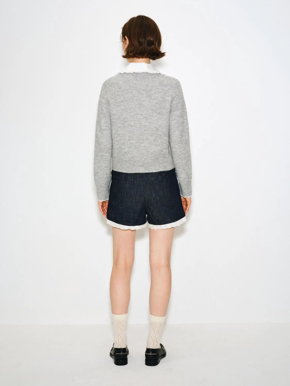 Ribbed Cotton Ruffle Collar Long Sleeve Cardigan